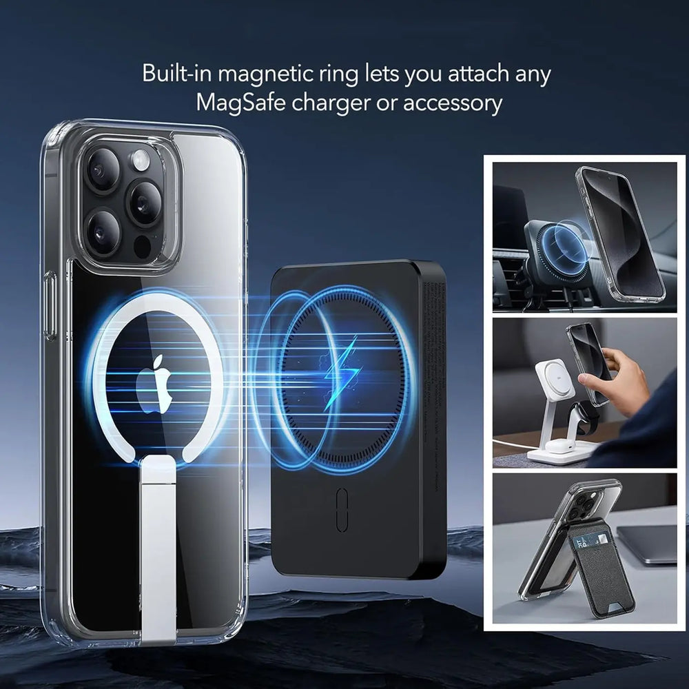 Transparente Hülle mit MagSafe-Ring und Ständer für iPhone 16 Pro.