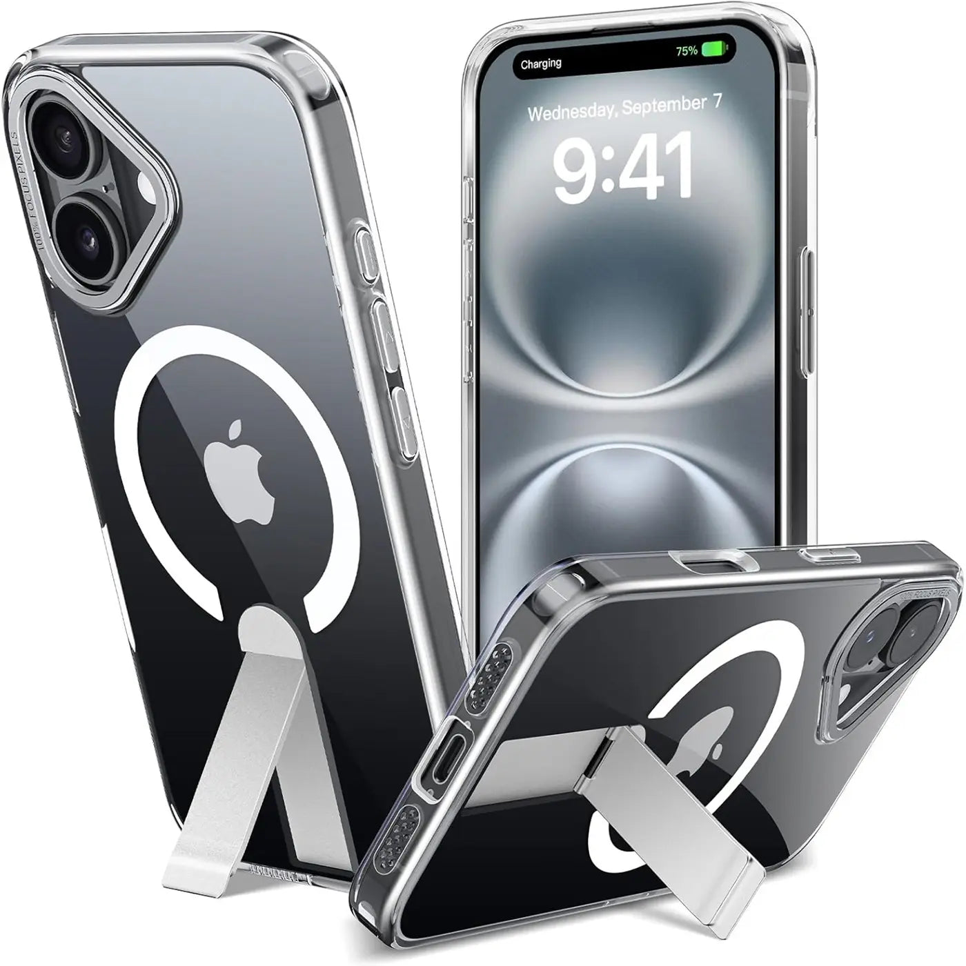Transparente Hülle mit MagSafe-Ring und Ständer für iPhone 16, verschiedene Winkel
