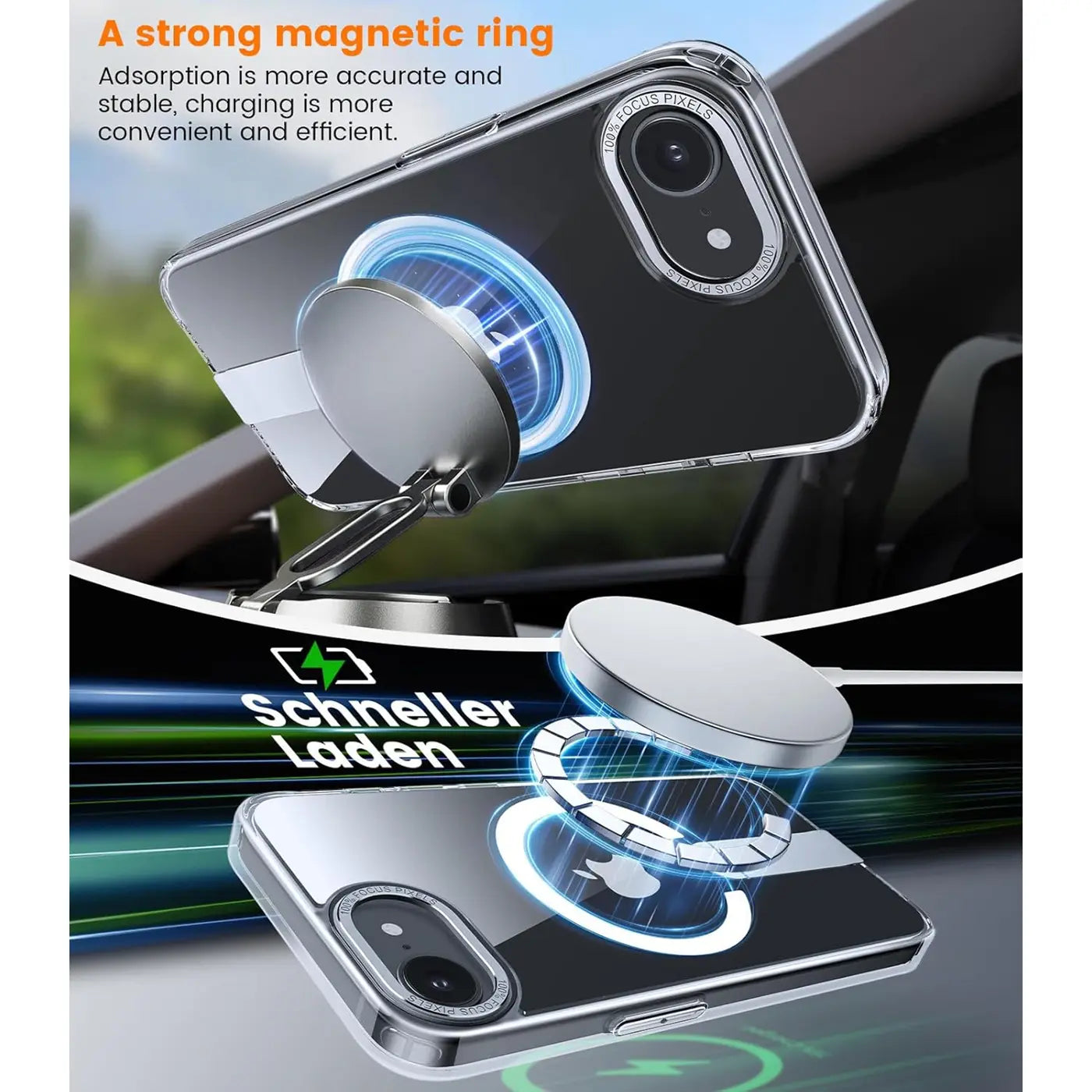 Transparente Hülle mit silbernem MagSafe-Ring und Ständer an iPhone 16, Nahaufnahme.