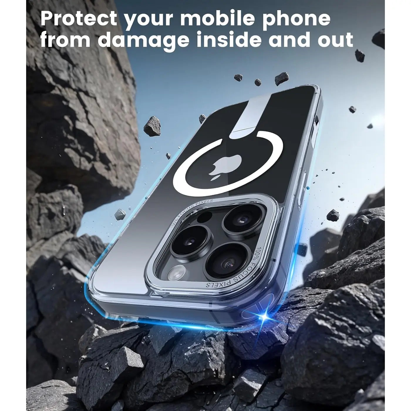 Transparente Hülle mit MagSafe-Ring für iPhone, von schräg unten gesehen.