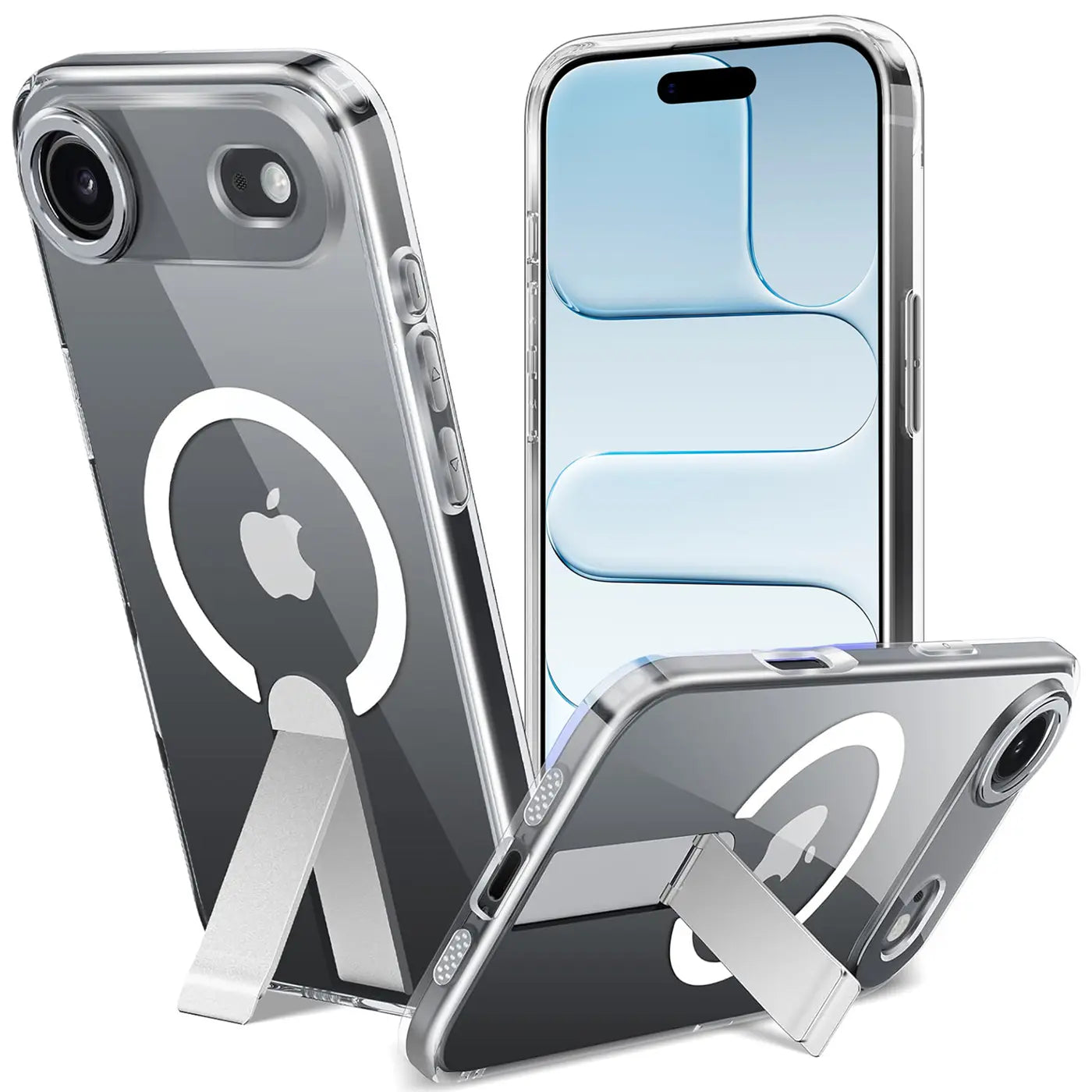 Transparente Hülle mit MagSafe-Ring und Ständer für iPhone, aus Kunststoff, verschiedene Winkel.