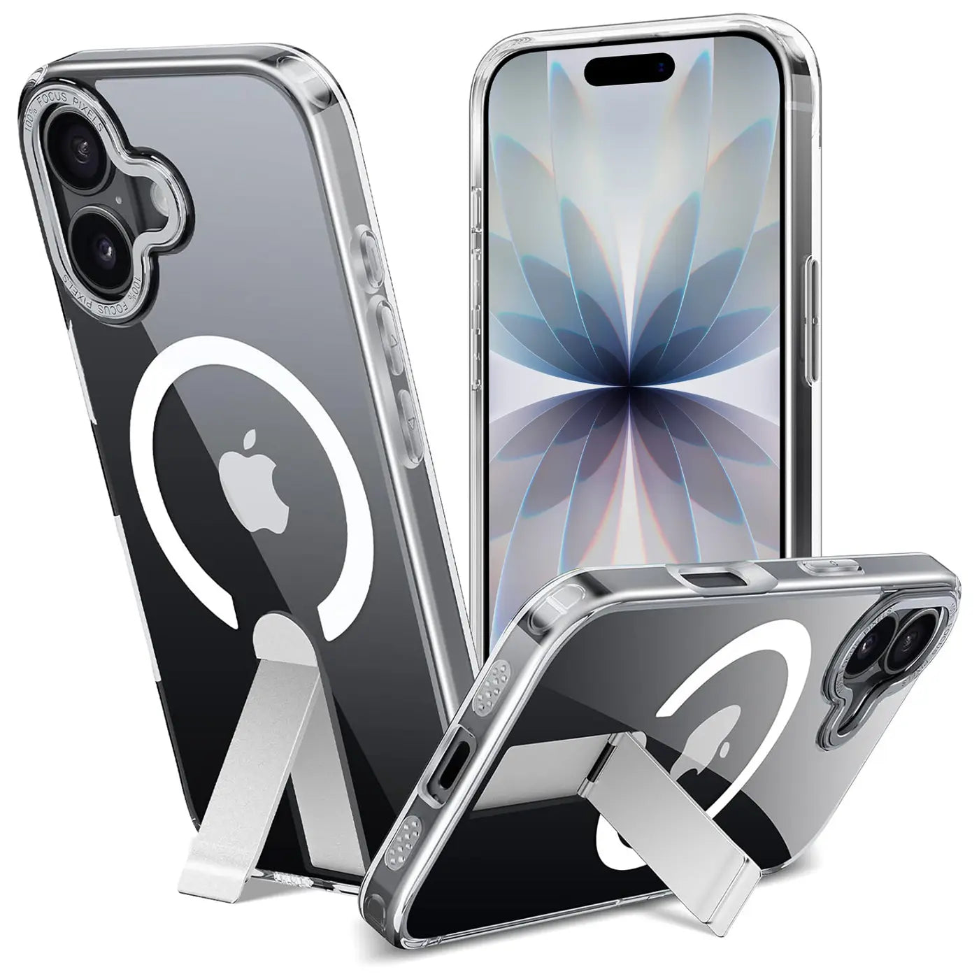 Transparente Hülle aus Kunststoff mit integriertem Ständer für iPhone 17, MagSafe, verschiedene Winkel