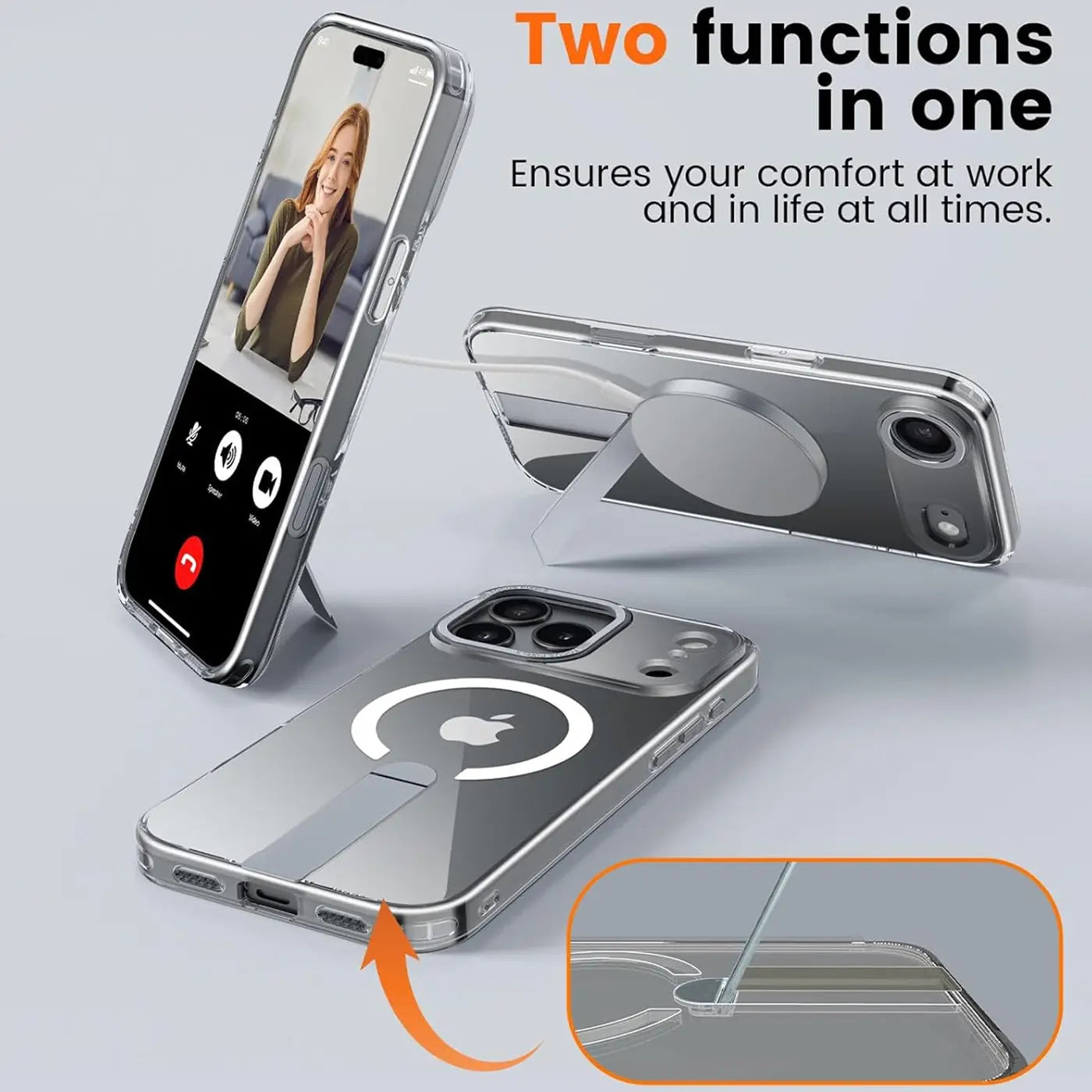 Transparente Hülle mit integriertem Ständer und MagSafe für iPhone 17, silber.