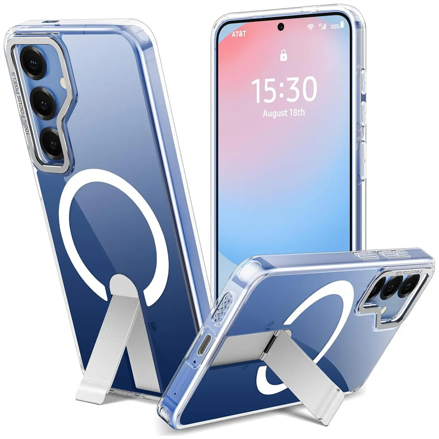 Transparente Hülle mit MagSafe-Ring & Ständer für Samsung S24 FE, aus Kunststoff, verschiedene Winkel