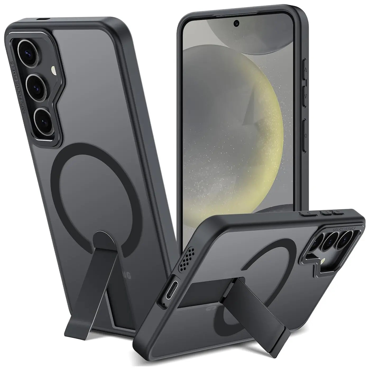 Drei schwarze Handyhüllen aus Kunststoff mit Ständer, MagSafe-Ring, für Samsung Galaxy S24/S25.