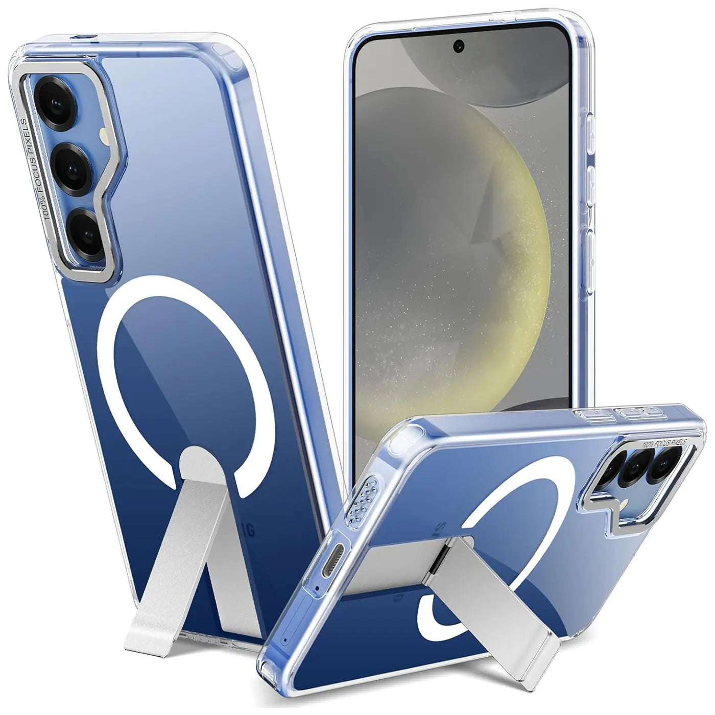 Transparente Hülle mit MagSafe-Ring und Ständer für Samsung Galaxy S24/S25, verschiedene Winkel.