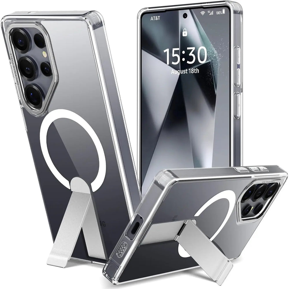 Transparente Hülle mit MagSafe & Ständer für Samsung S24 Ultra, aus Kunststoff, verschiedene Winkel