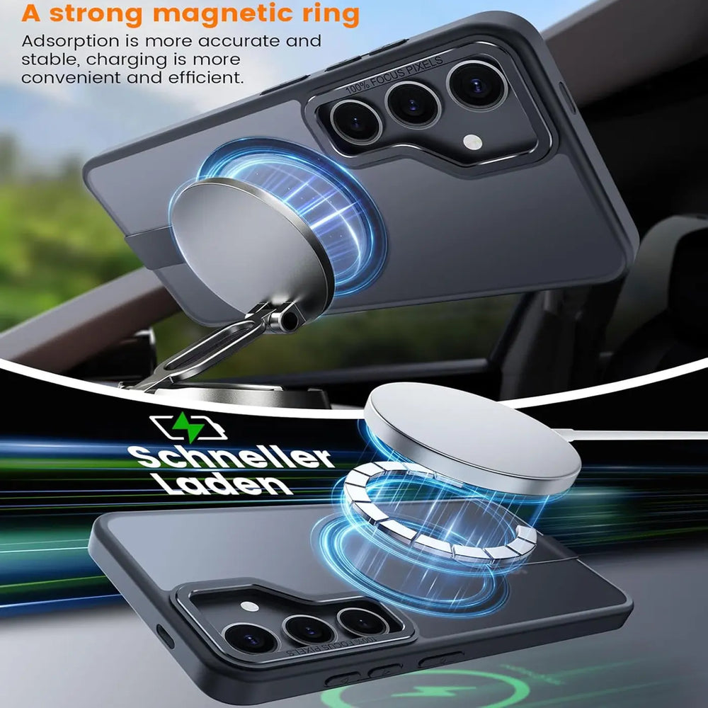 Graue Hülle mit MagSafe-Ring und Ständer für Samsung Galaxy S25 Edge, von oben/seitlich.