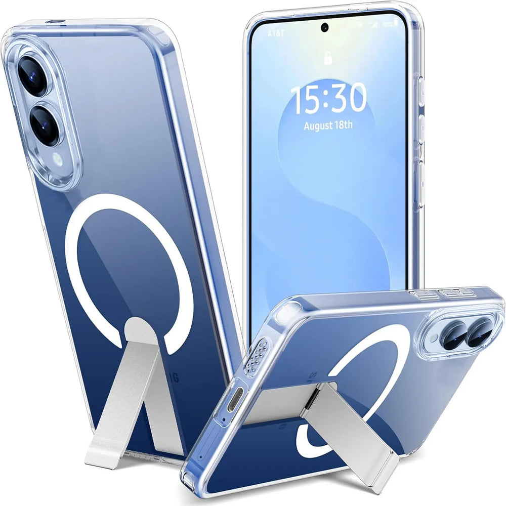 Transparente Hülle mit integriertem Ständer für Samsung Galaxy S25 Edge, MagSafe-Ring, aus Kunststoff.