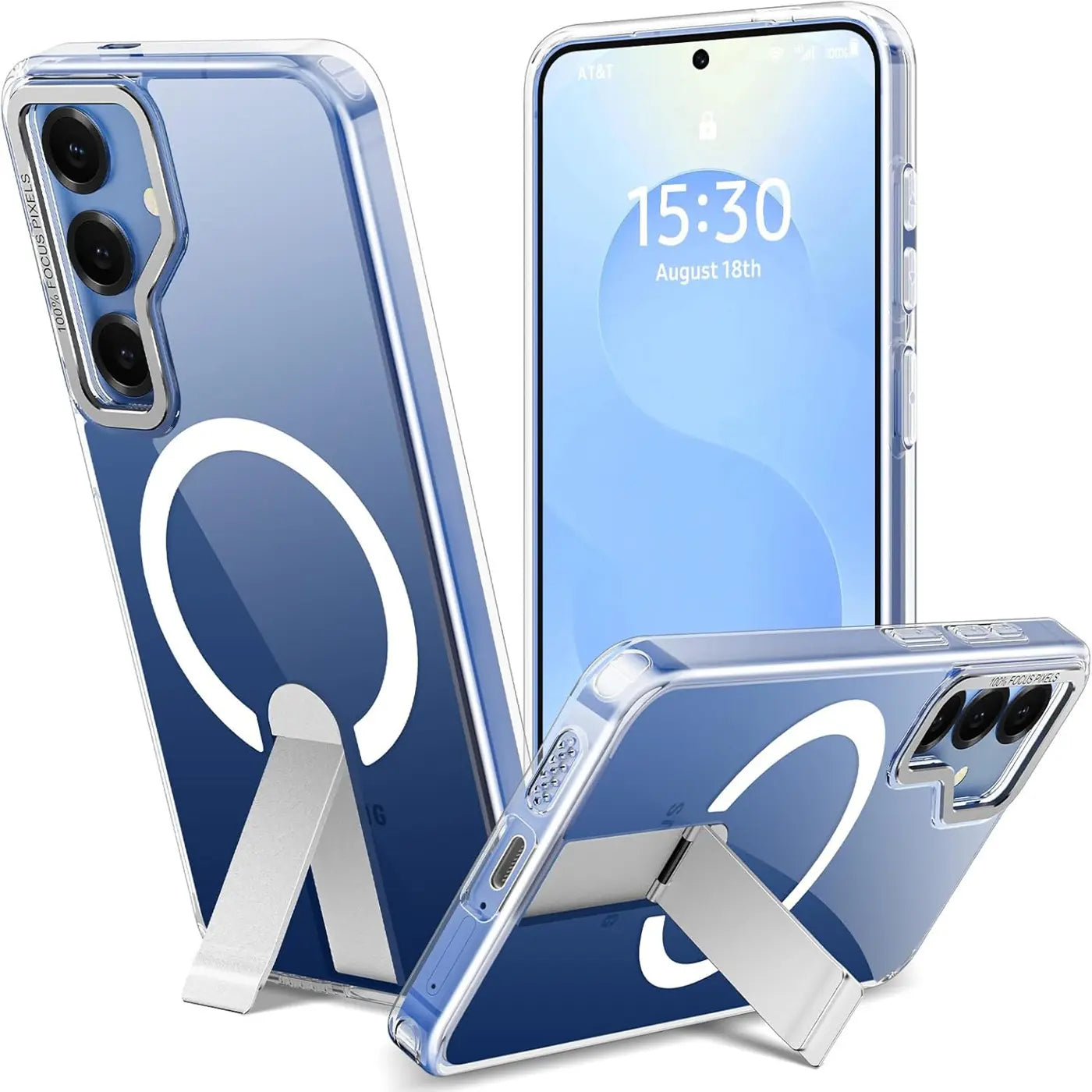 Transparente Hülle mit MagSafe-Ring und Ständer für Samsung Galaxy S25 FE, von schräg vorn.