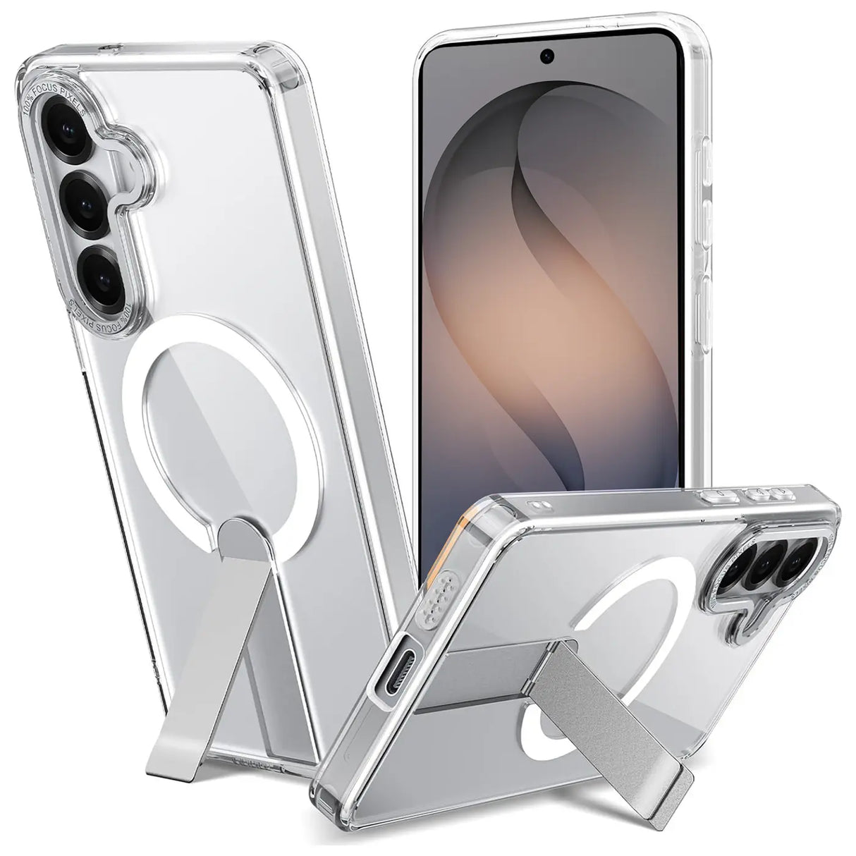 Transparente Hülle aus Kunststoff mit MagSafe-Ring und Ständer für Samsung Galaxy S26 Plus.