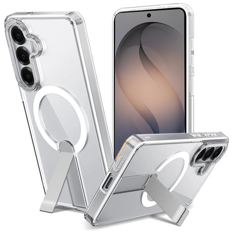 Transparente Hülle aus Kunststoff mit MagSafe-Ring und Ständer für Samsung Galaxy S26.