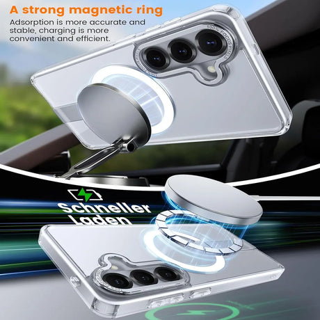 Transparente Hülle mit MagSafe-Ring und Ständer für Samsung Galaxy S26, Silber, Metall, von oben