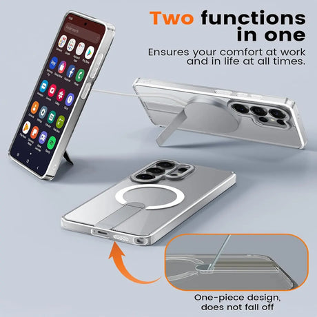 Transparente Hülle mit integriertem Ständer für Samsung Galaxy S26, MagSafe, von vorne und hinten gezeigt.