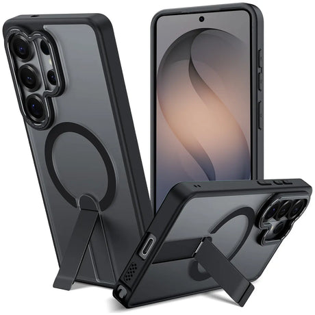 Drei schwarze Hüllen mit Ständer für Samsung Galaxy S26 Ultra, aus Kunststoff, aus verschiedenen Winkeln.
