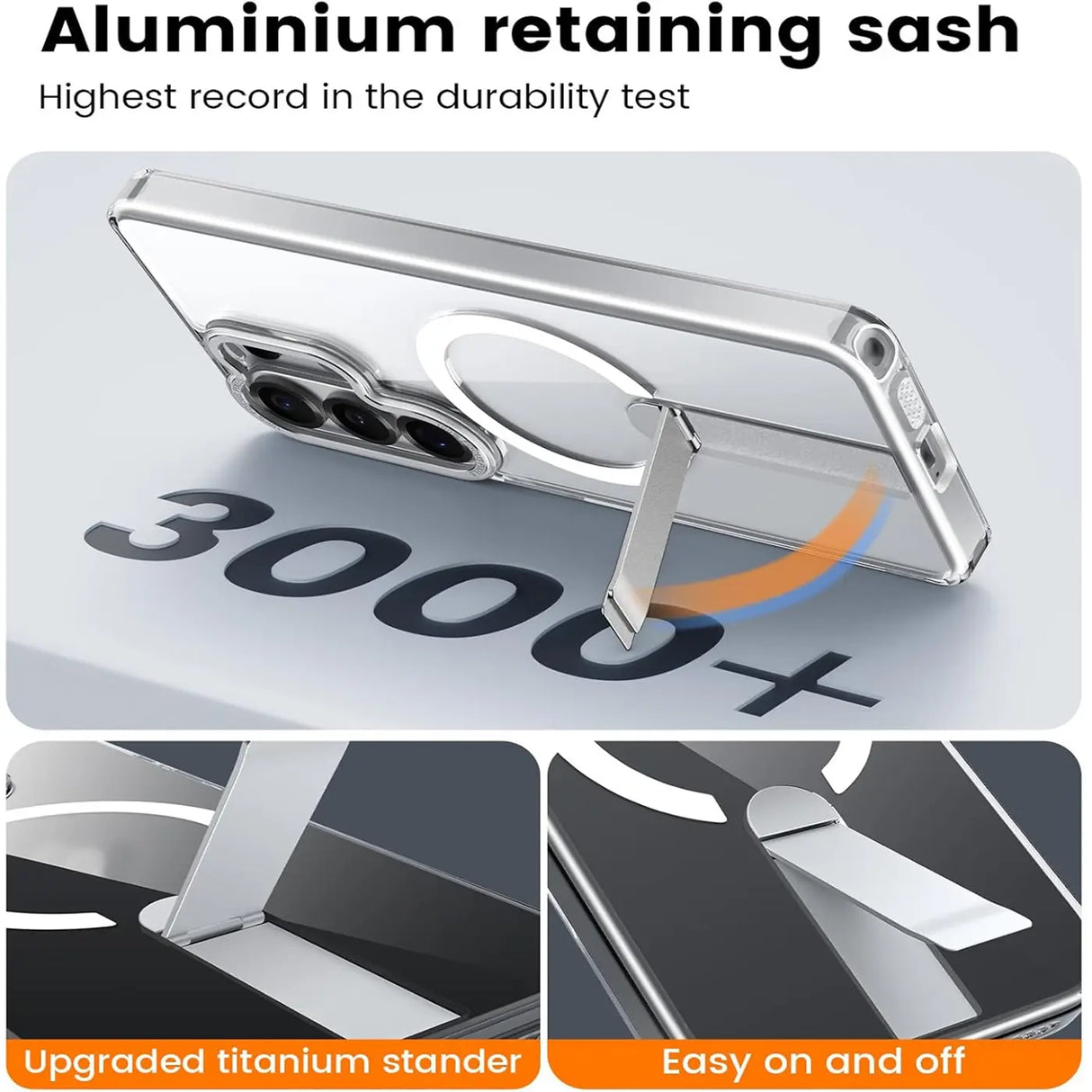 Transparente Handyhülle aus Aluminium mit integriertem Ständer, von schräg hinten