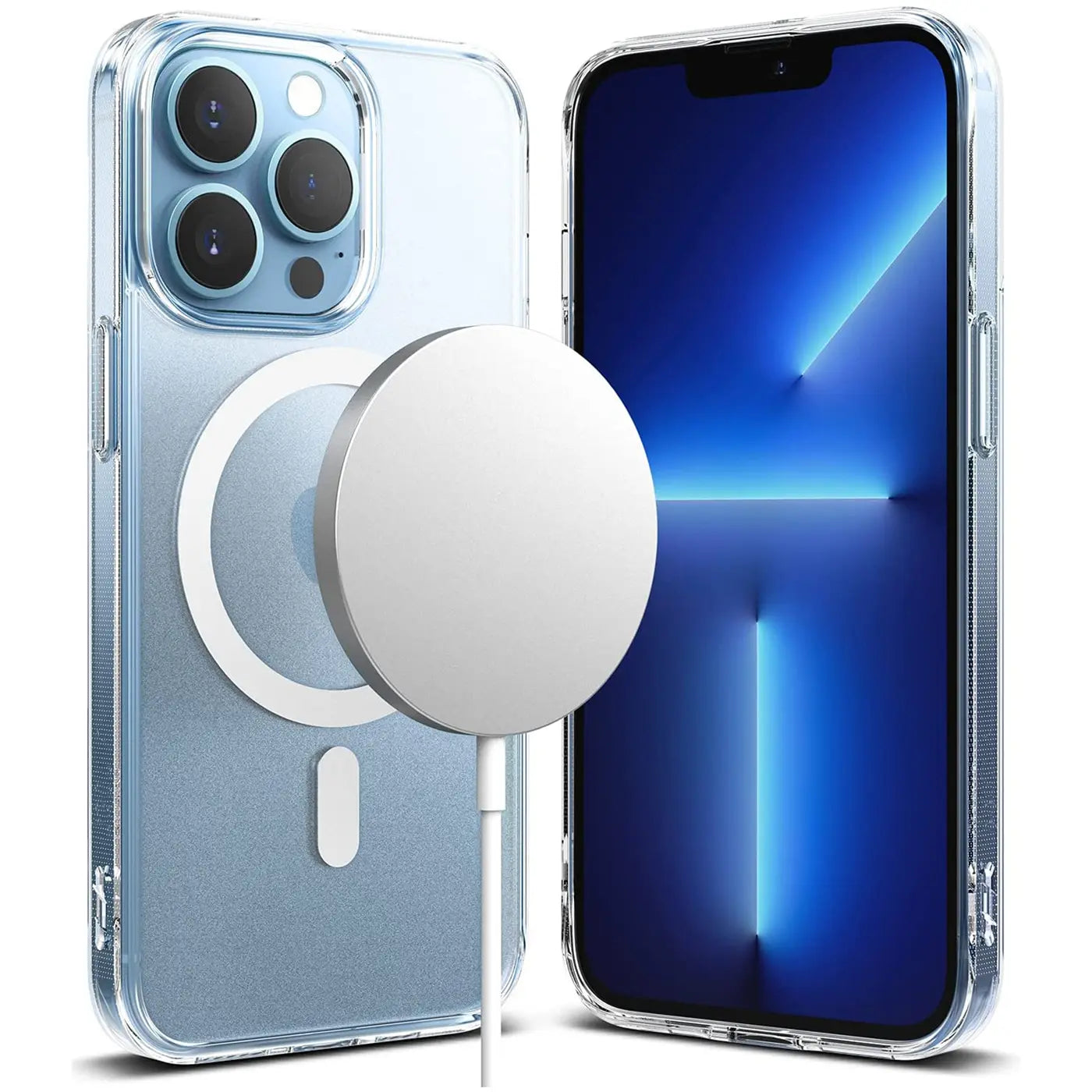 Transparente Silikonhülle mit MagSafe-Ring auf iPhone 13 Pro, Vorderansicht.