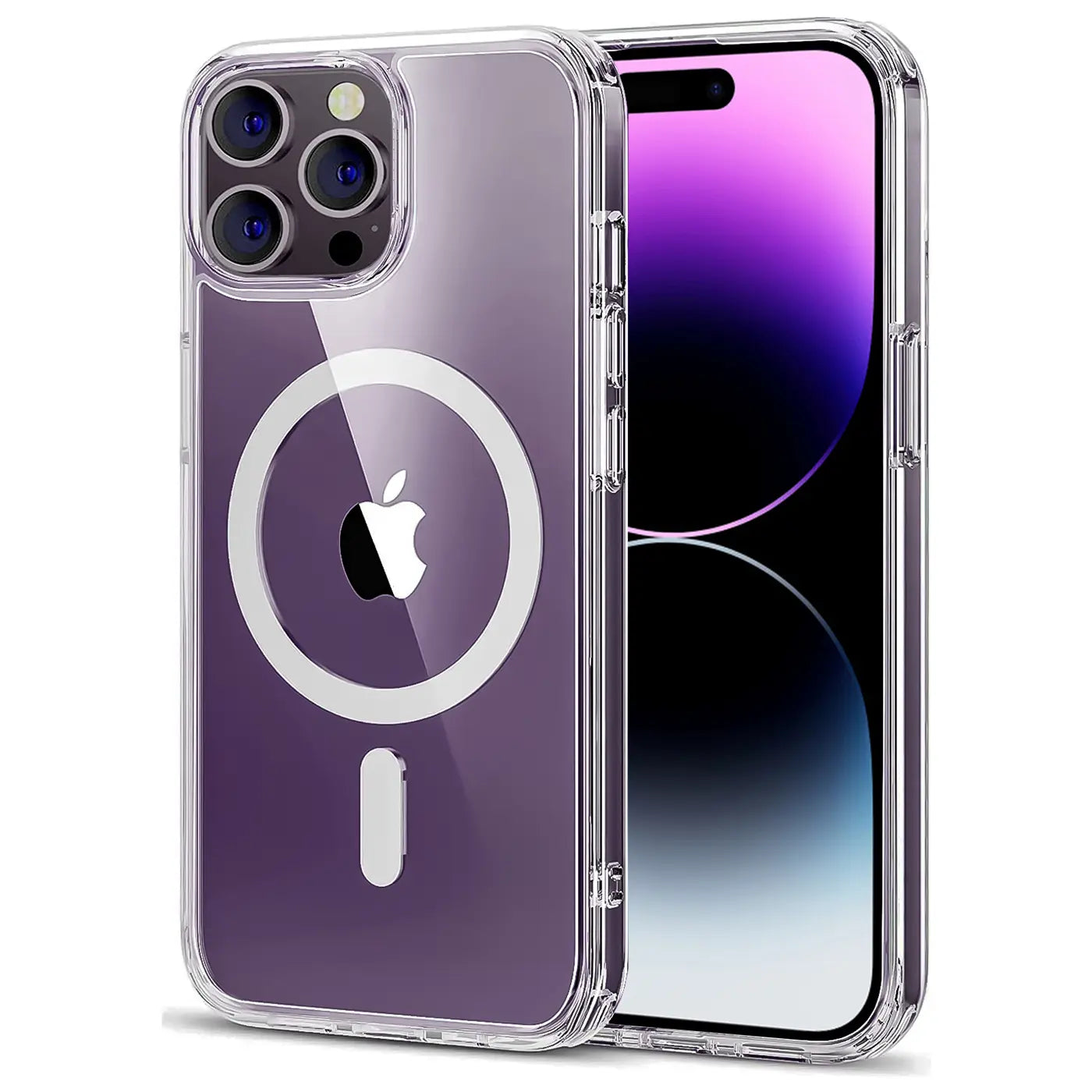 Transparente Silikonhülle mit MagSafe-Ring für iPhone 14 Pro, Vorderansicht.