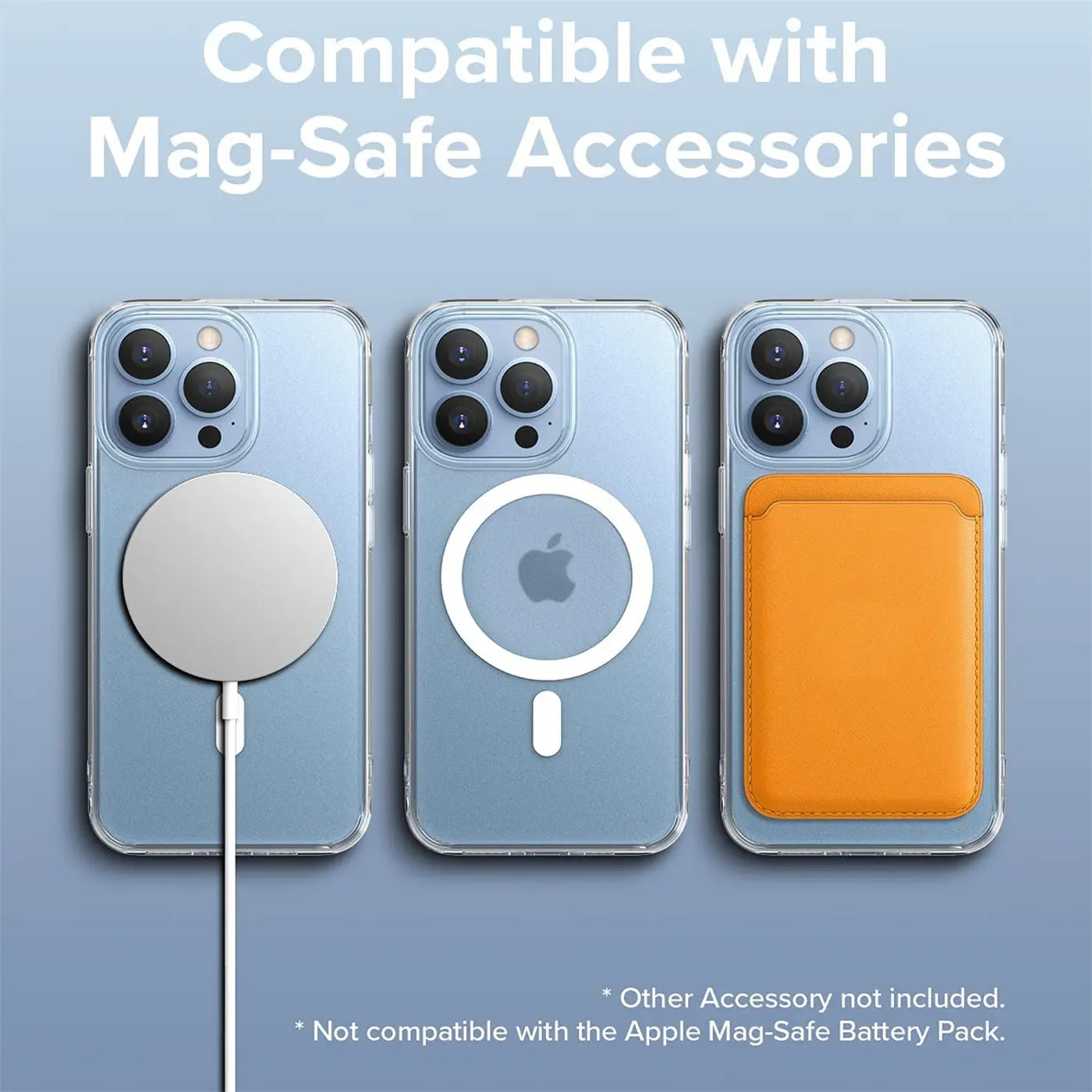 Drei iPhone 14 Pro mit transparenten Hüllen: MagSafe-Ladegerät, MagSafe-Ring, orangefarbener Kartenhalter.