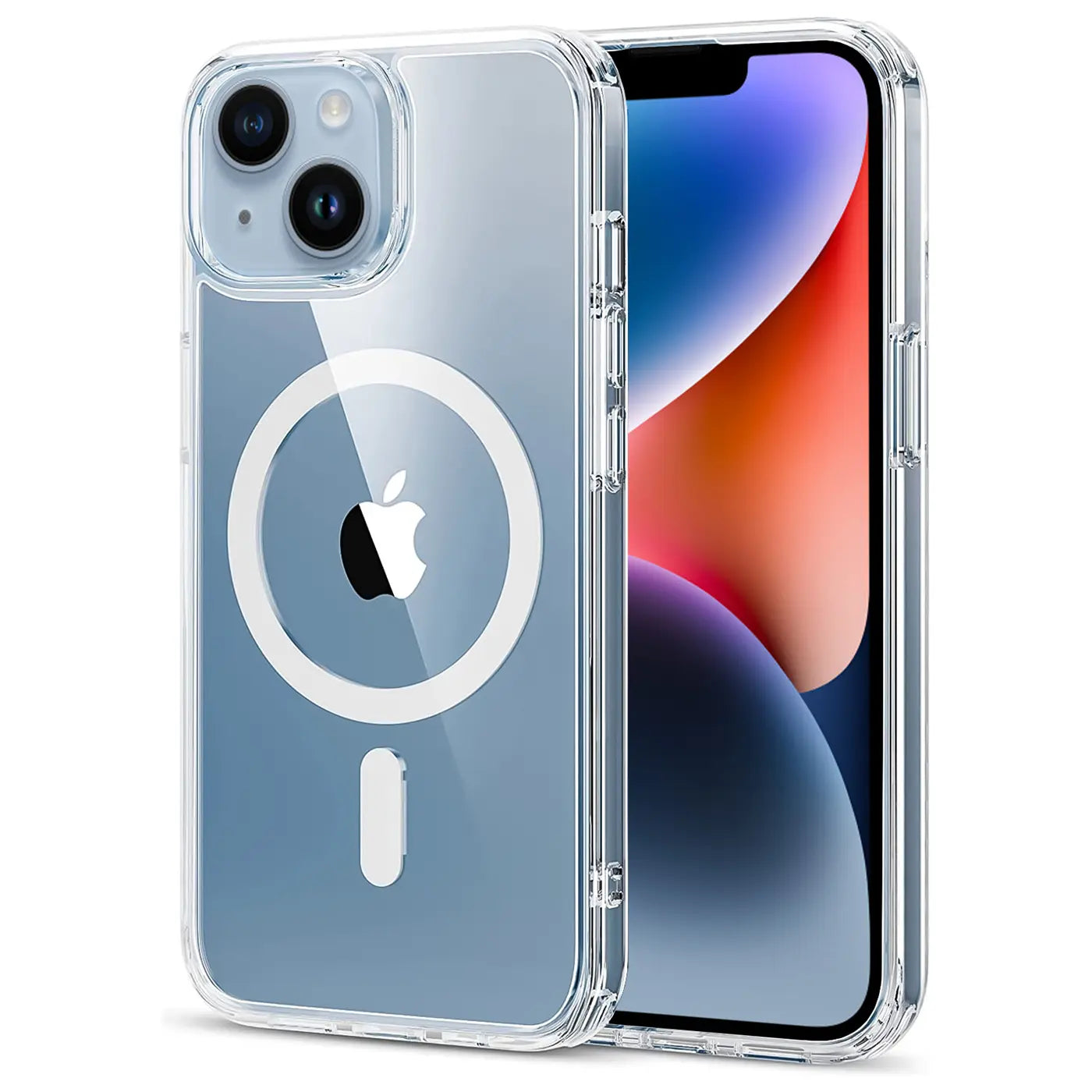 Transparente Silikonhülle mit MagSafe-Ring für iPhone 14, von vorne links gesehen.
