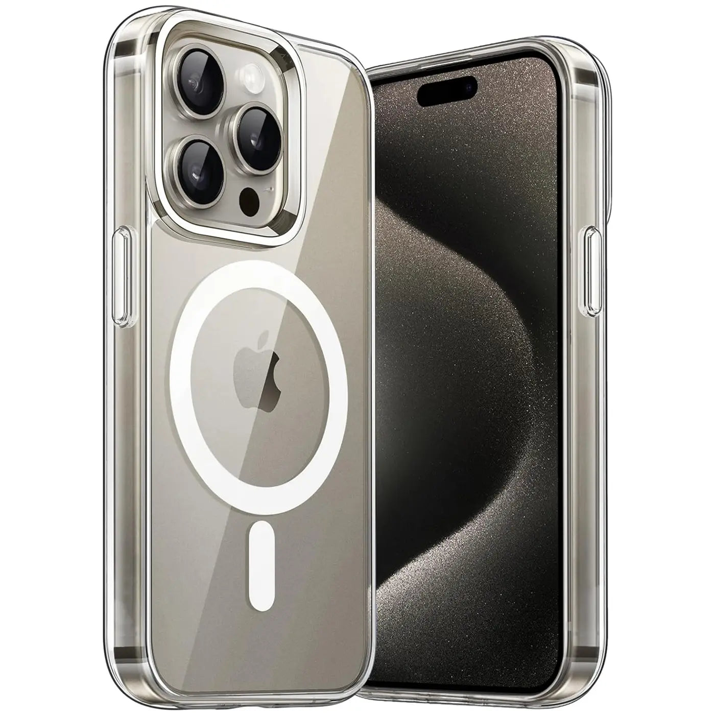 Transparente Silikonhülle mit MagSafe-Ring auf iPhone 15 Pro Max, Nahaufnahme