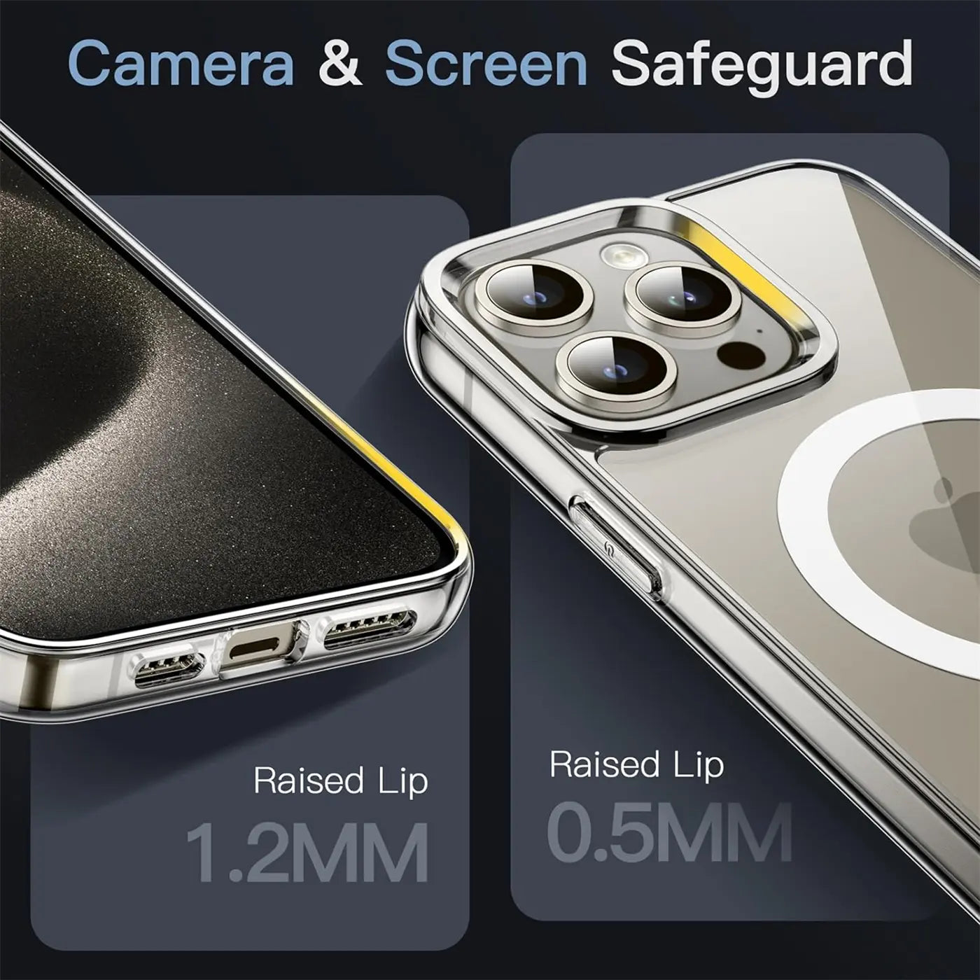 Transparente Silikonhülle mit silbernem Rahmen zeigt iPhone 15 Pro Max Kameras und Ladeanschluss.