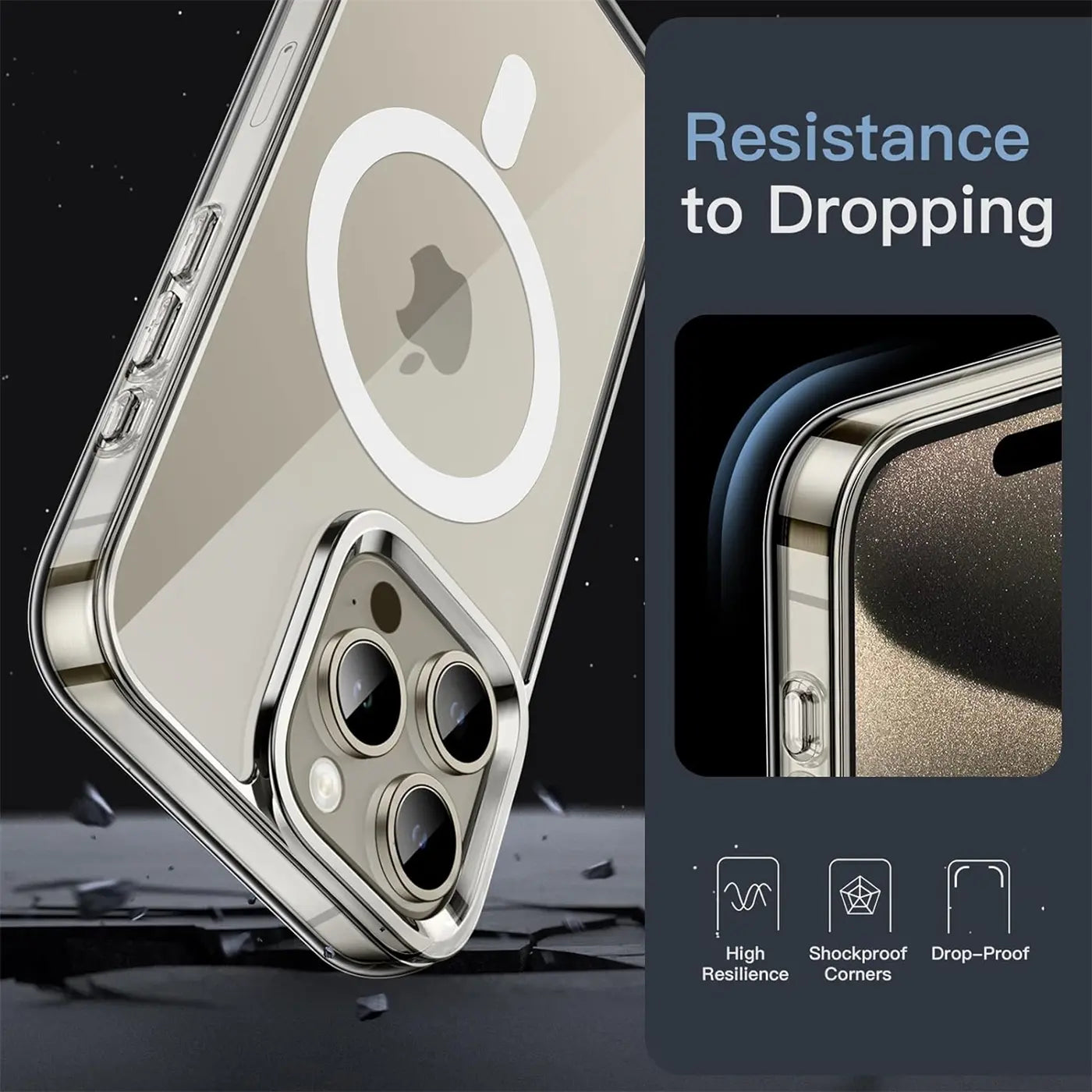 Transparent MagSafe Hülle aus Silikon, Nahaufnahme, iPhone 15 Pro, Rückseite mit Kameras