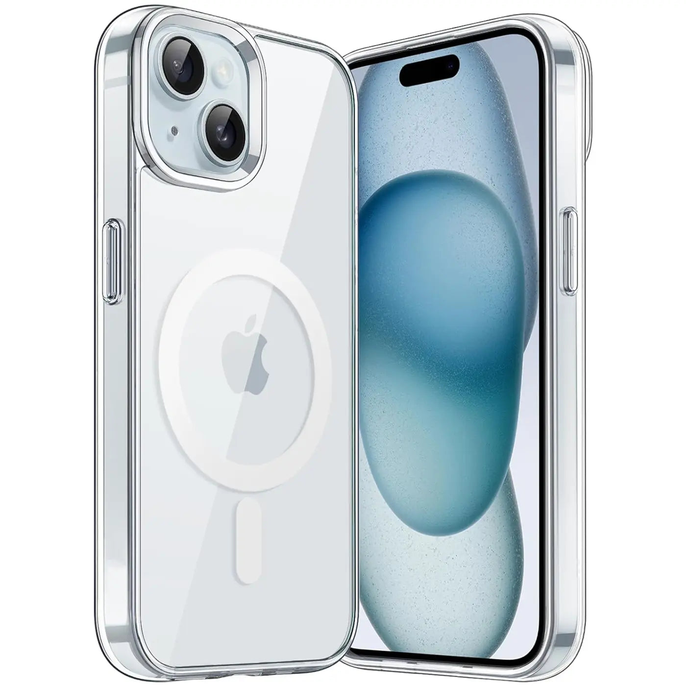 Transparente Silikonhülle mit MagSafe-Ring für iPhone 15, von vorne links, Nahaufnahme.