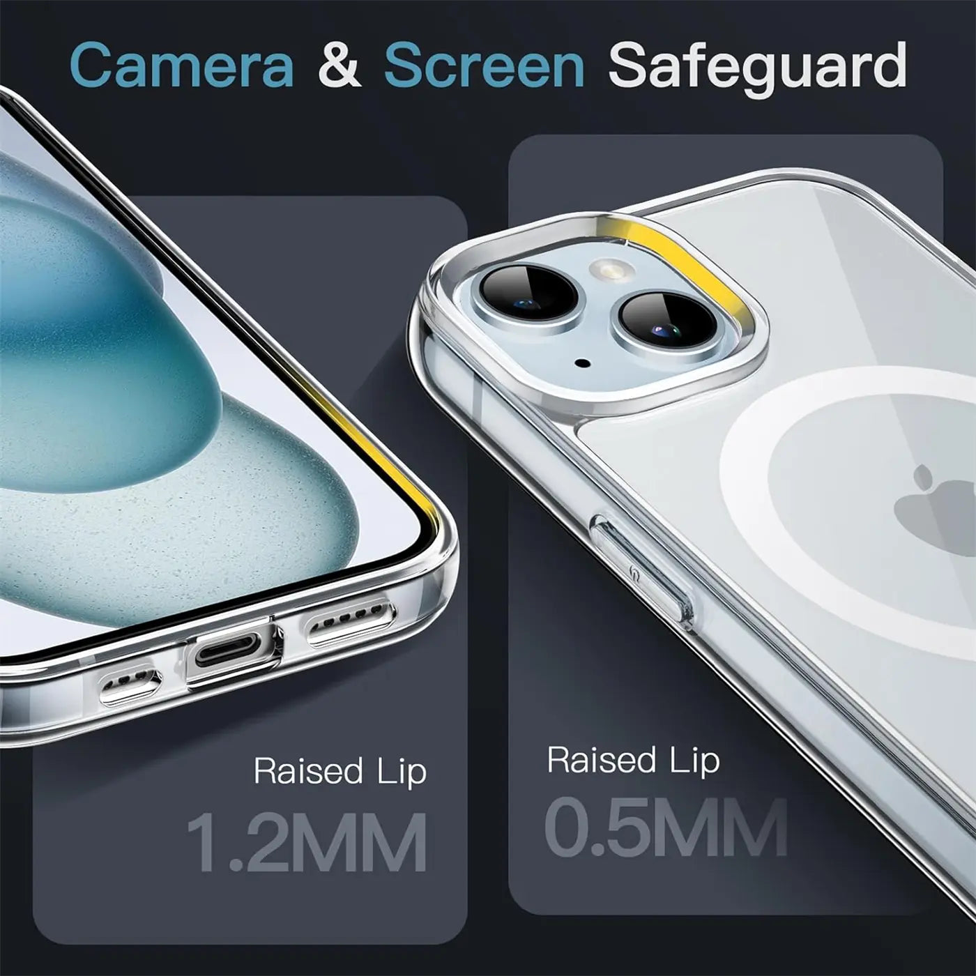 Transparente Silikonhülle mit silbernem Rand, zeigt iPhone 15 von vorne und hinten.