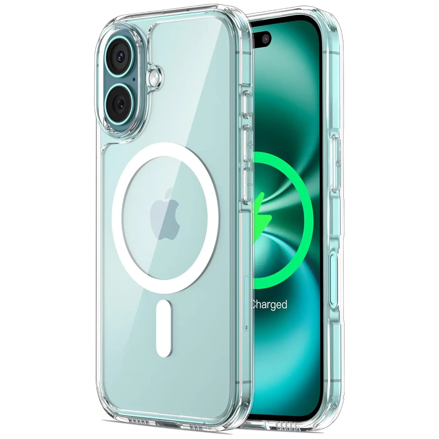 Transparente Silikonhülle mit MagSafe für iPhone 16 Plus, von vorne leicht schräg