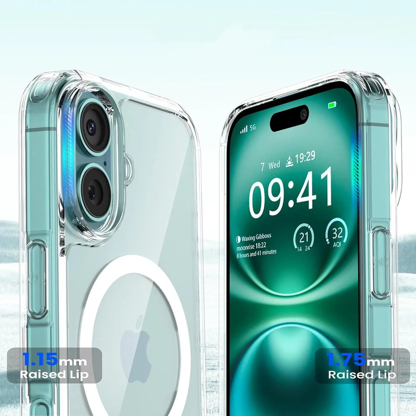 Transparente Silikonhülle mit MagSafe für iPhone 16 Plus, Nahaufnahme, Vorder- und Rückseite