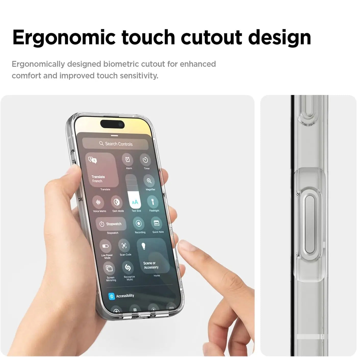 Transparente Silikonhülle zeigt iPhone 16 Plus, Seitenansicht, Nahaufnahme.