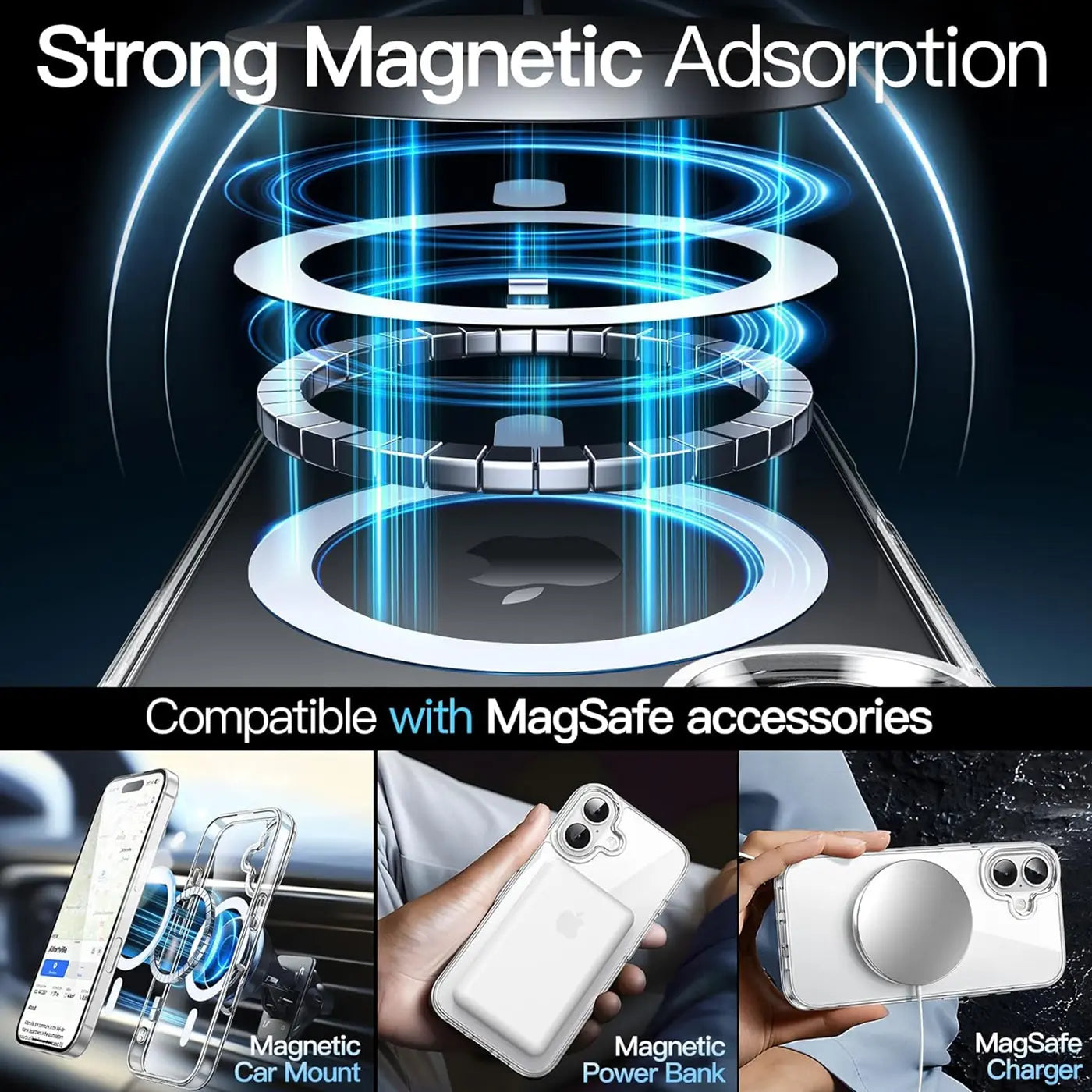 Transparente Silikonhülle mit MagSafe-Ring auf iPhone, zeigt magnetische Anziehung.