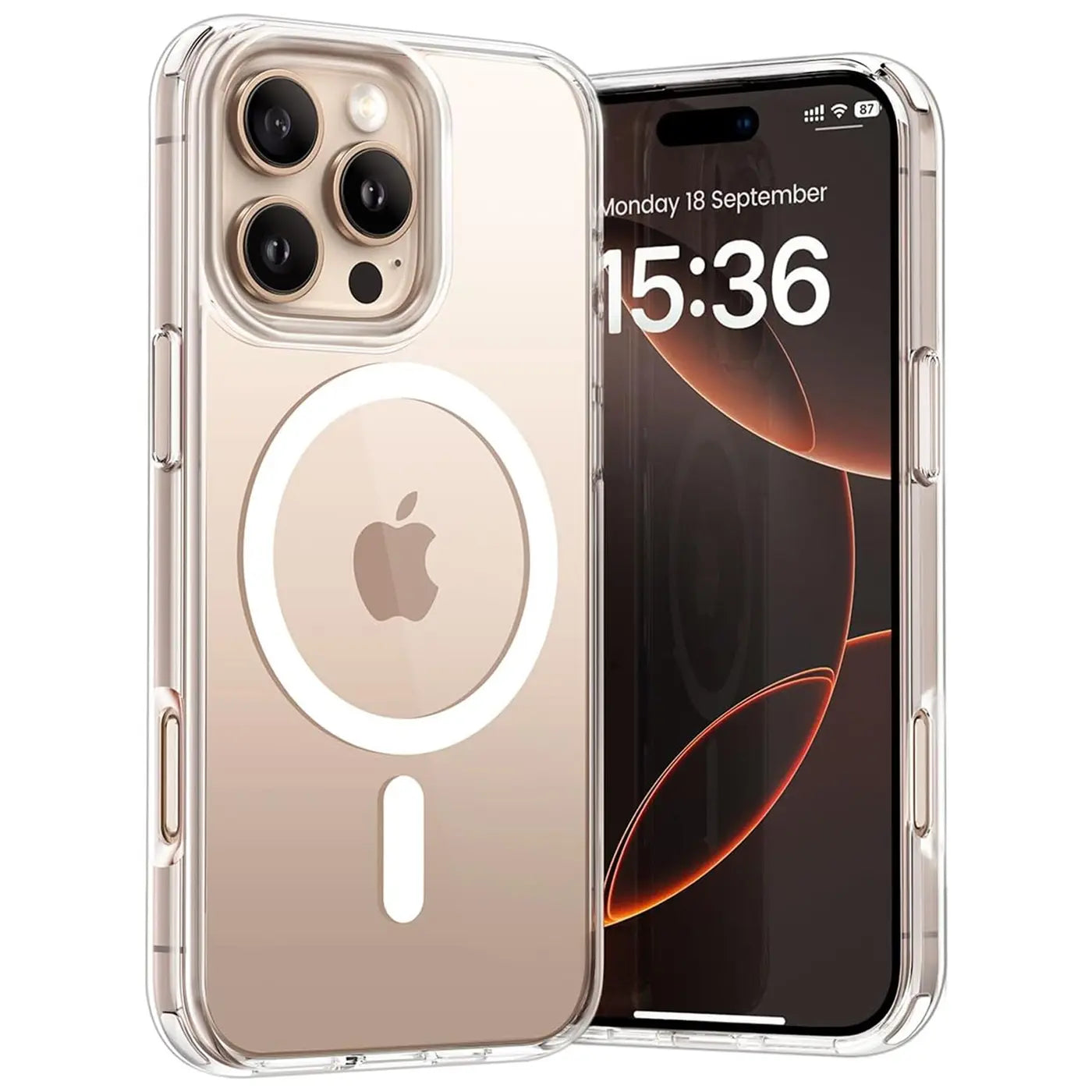 Transparente Silikonhülle mit MagSafe-Ring für iPhone 16 Pro Max, von vorne links gesehen.