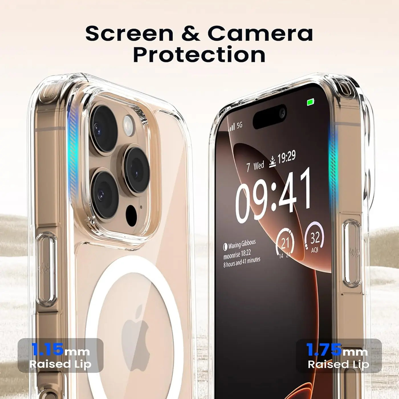 Transparente Silikonhülle für iPhone 16 Pro Max, von vorne und hinten gezeigt, mit MagSafe-Ring.