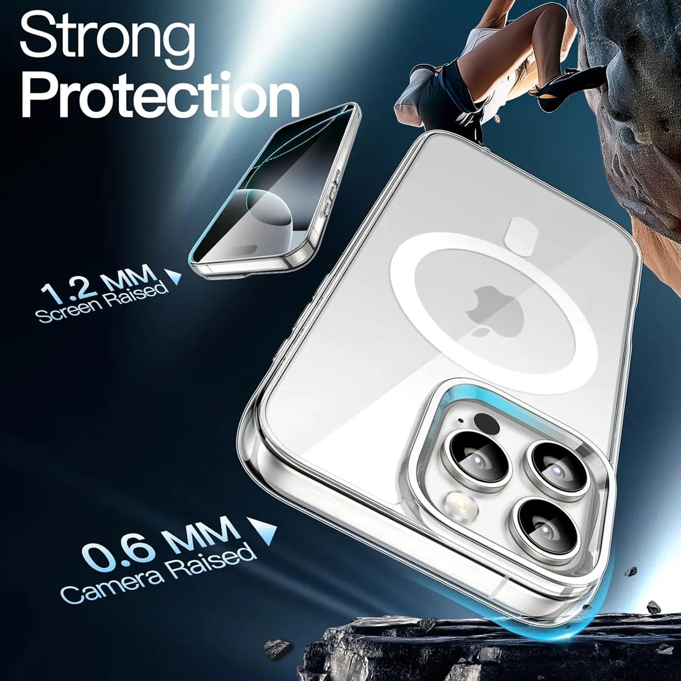 Transparente MagSafe-Hülle aus Silikon für iPhone 16 Pro, Nahaufnahme, Rückseite mit Kamera.