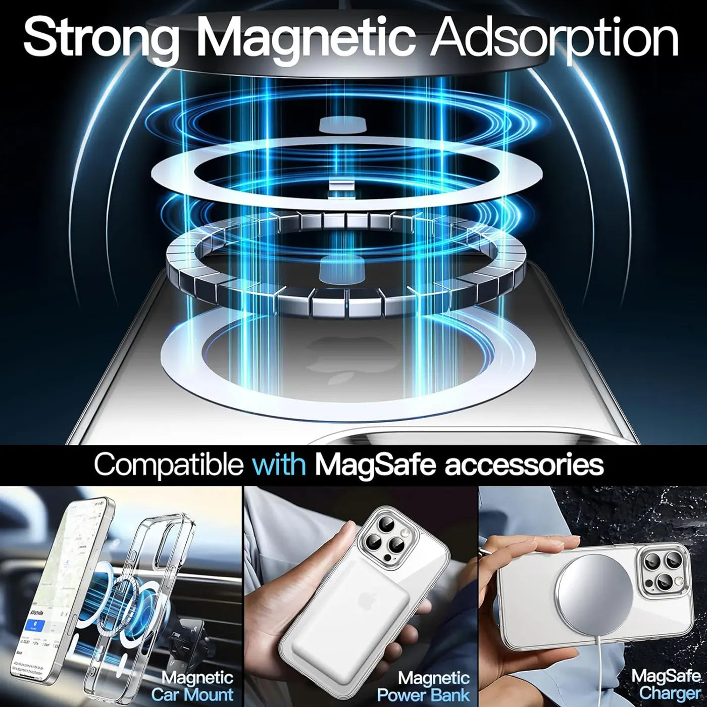 Transparente Silikonhülle mit MagSafe-Ring, zeigt iPhone 16 Pro, Magnet-Autohalterung, Powerbank.