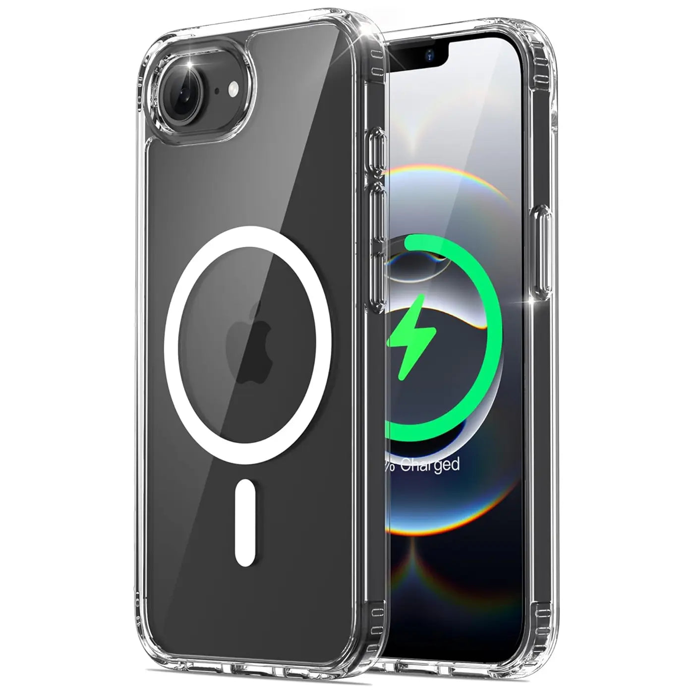 Transparente Silikonhülle mit MagSafe-Ring für iPhone 14 Pro, von vorne links gezeigt.