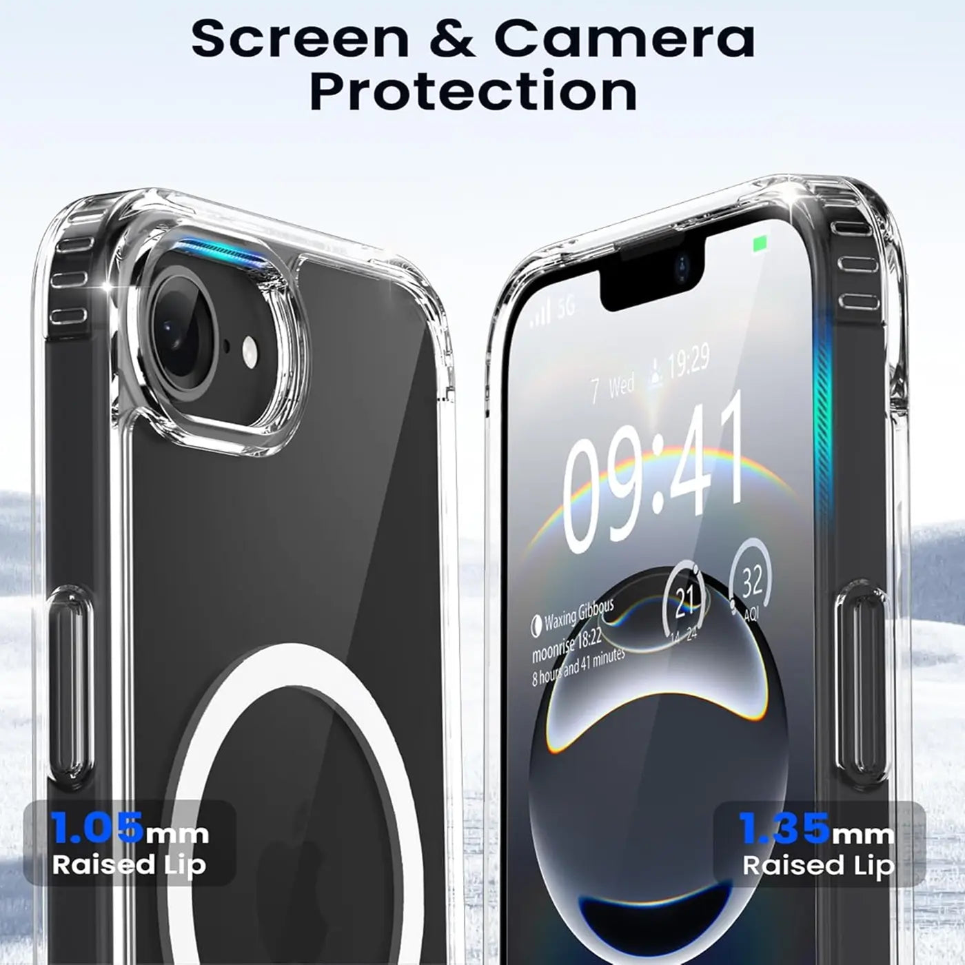 Transparente Silikonhülle mit MagSafe-Ring für iPhone 16e, Nahaufnahme, Vorder- und Rückseite