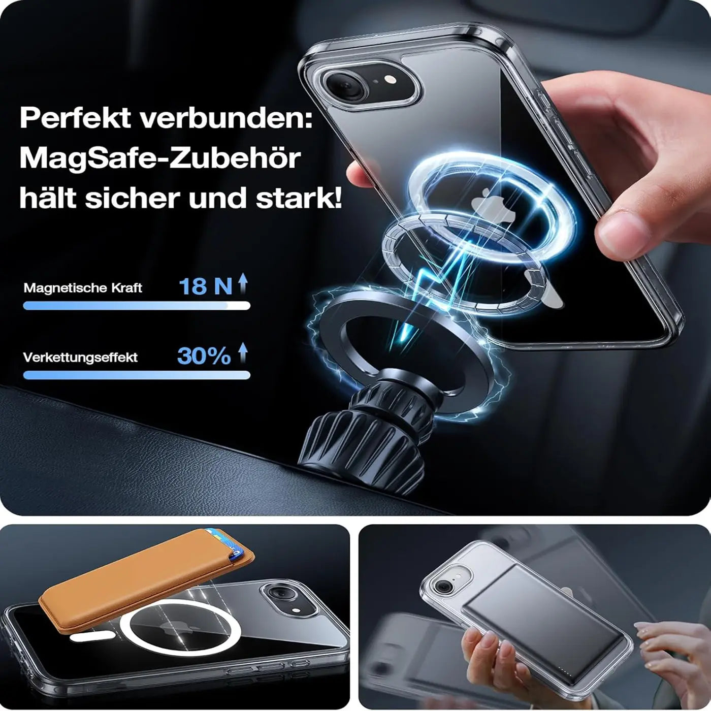 Transparente Silikonhülle mit MagSafe-Ring auf iPhone, Nahaufnahme.