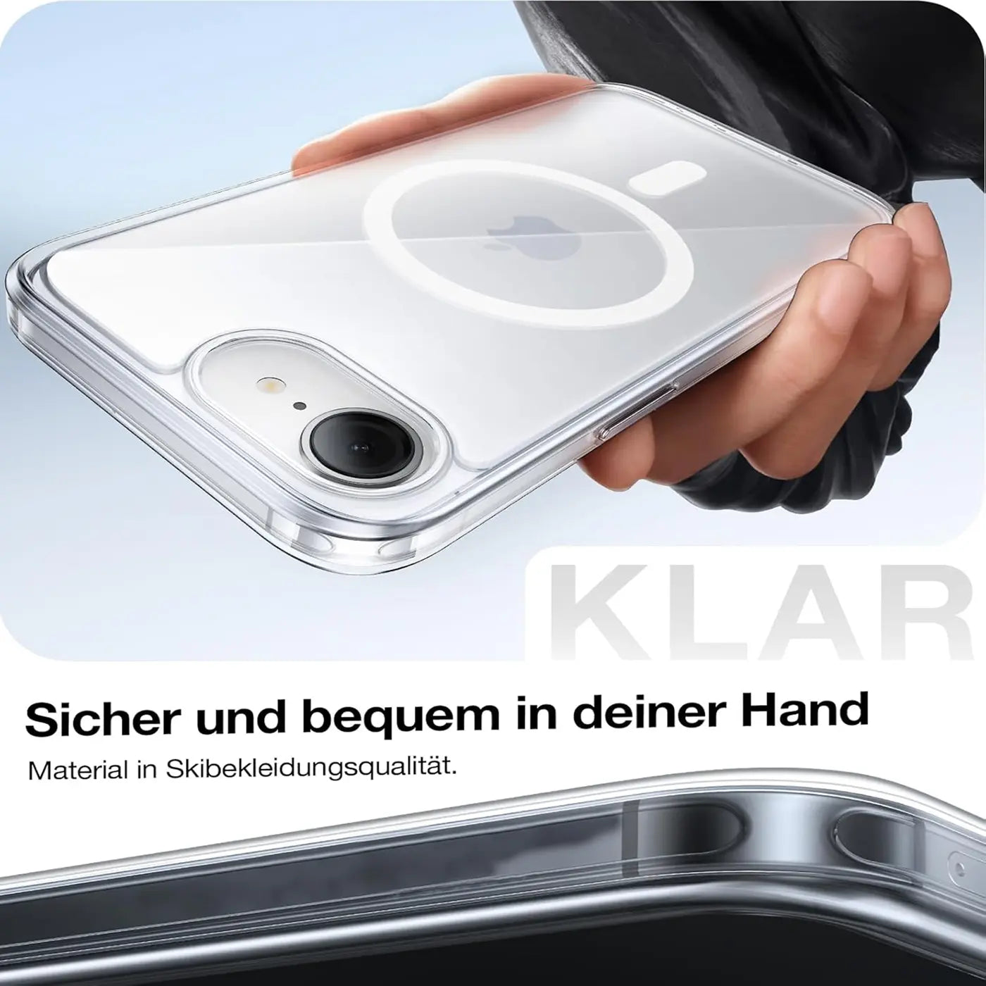 Transparente Silikonhülle mit MagSafe-Ring, gehalten in der Hand, zeigt iPhone-Kamera.