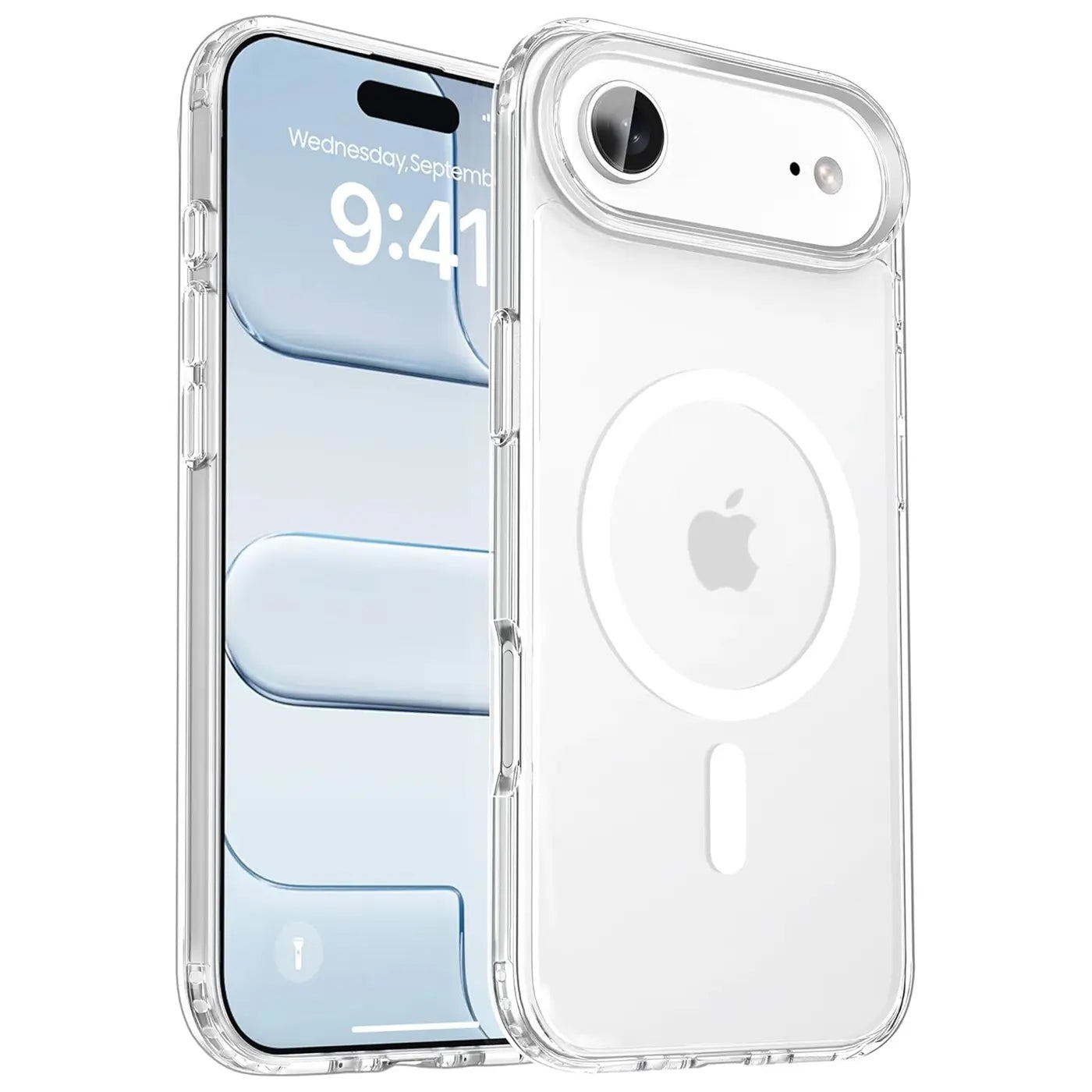 Transparente Silikonhülle für iPhone, MagSafe-Ring sichtbar, von vorne und hinten gezeigt.