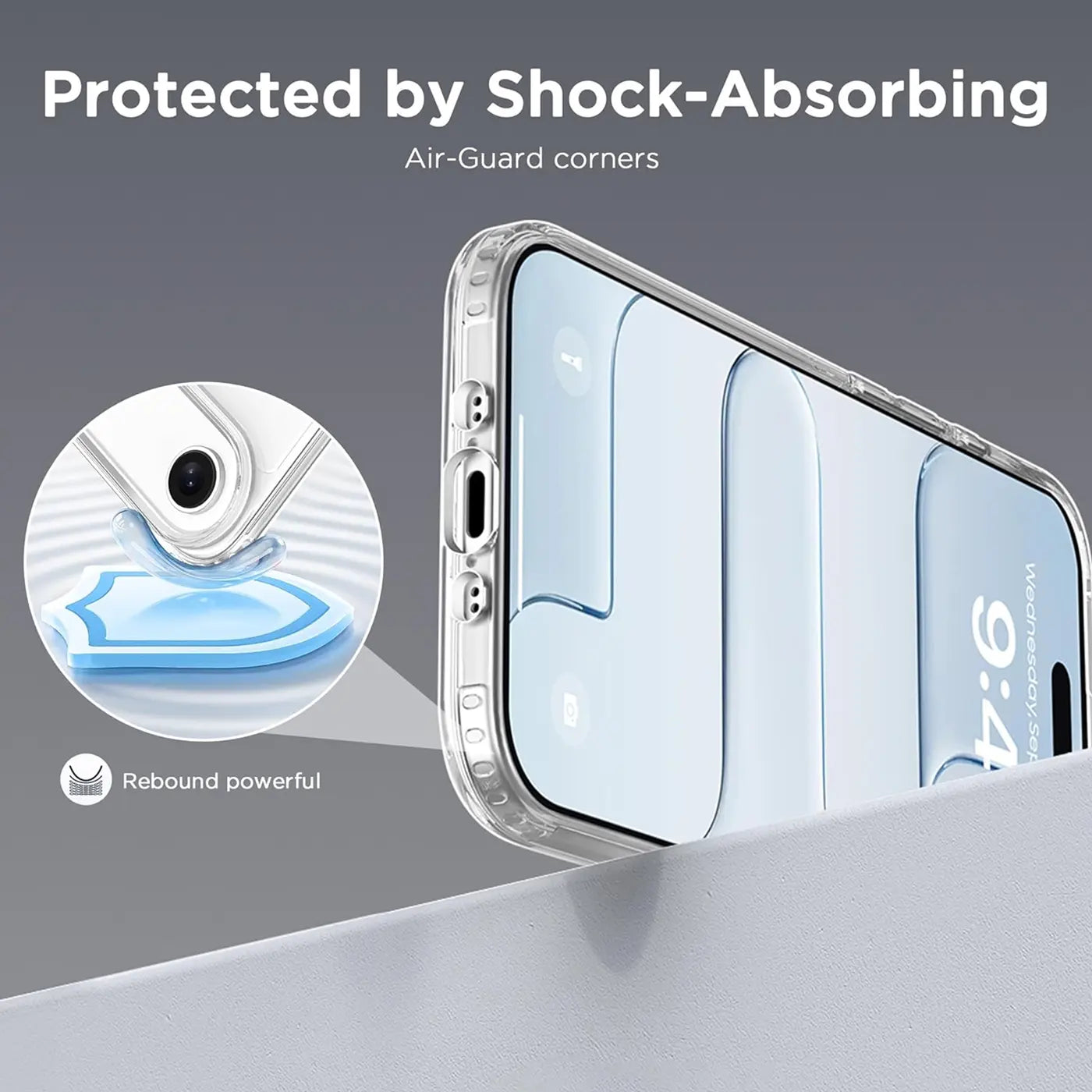 Transparente Silikonhülle für iPhone 17 Air, Nahaufnahme, Seitenansicht.