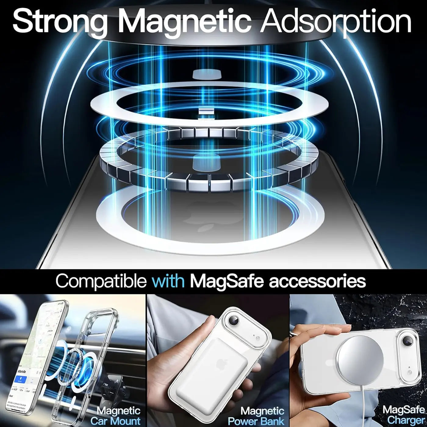 Transparente Silikonhülle mit MagSafe-Ring, zeigt iPhone 17 Air, Auto-Halterung, Powerbank, Ladegerät.