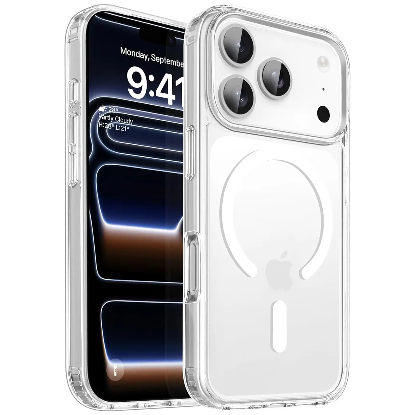 Transparente Silikonhülle mit MagSafe für iPhone 17 Pro Max, von vorne links