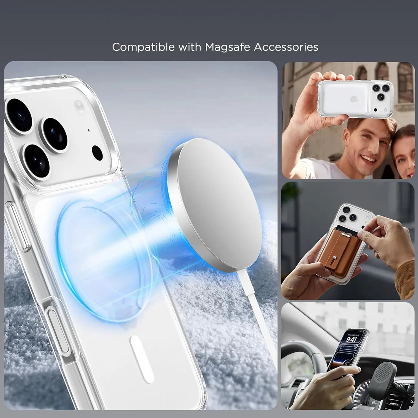 iPhone 17 Pro Max mit MagSafe Hülle, transparent, Silikon. Nahaufnahme.