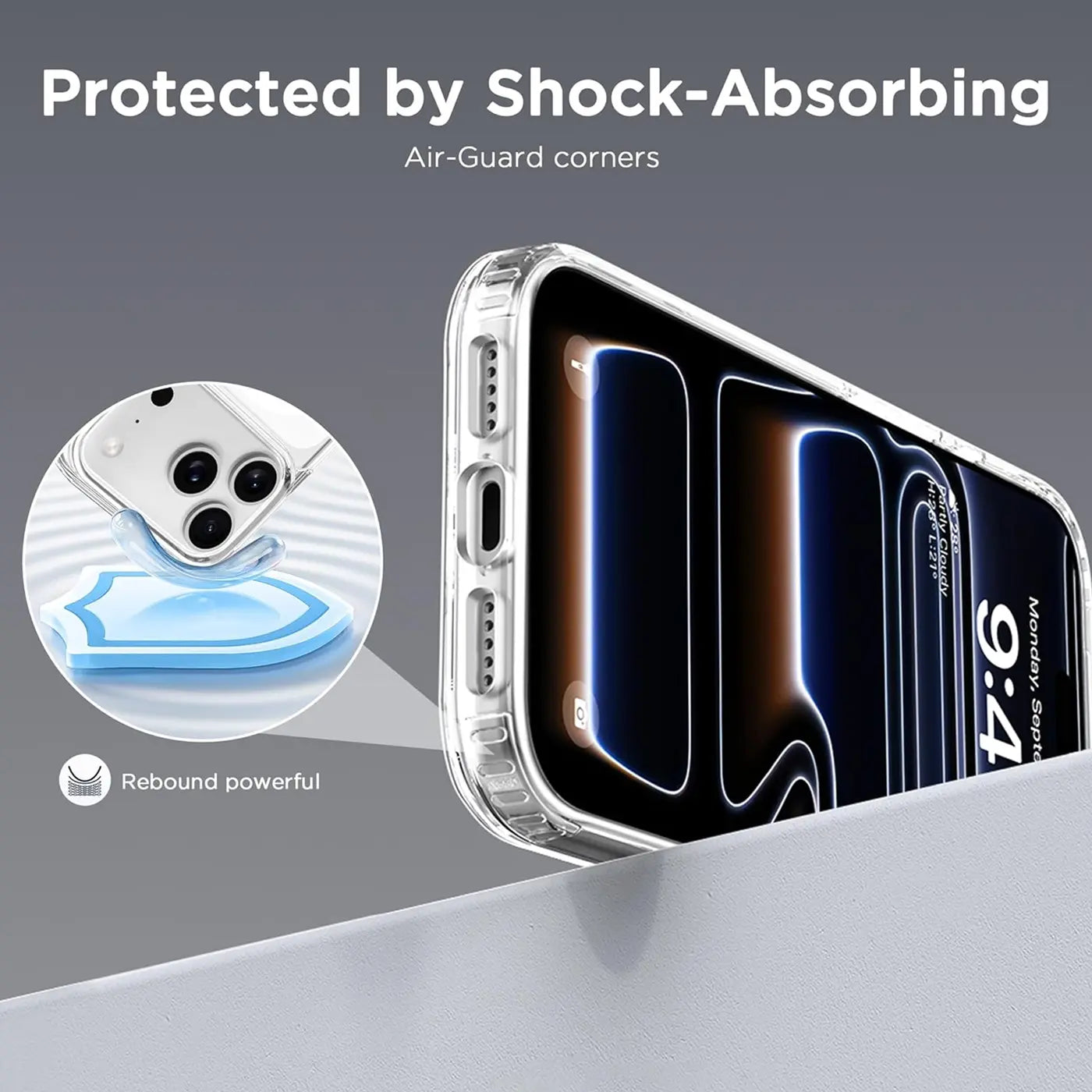 Transparente Silikonhülle für iPhone 17 Pro, Seitenansicht, Nahaufnahme.
