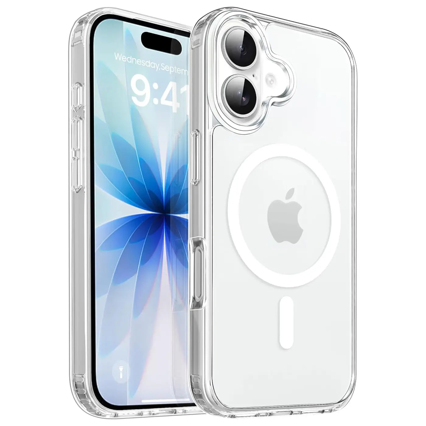 Transparente Silikonhülle mit MagSafe-Ring für iPhone 17, von vorne links gesehen.