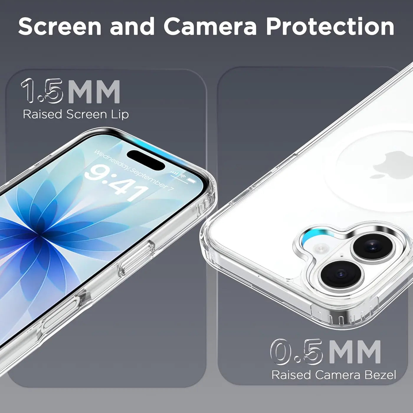 Transparente Silikonhülle mit iPhone 17, Vorder- und Rückansicht.