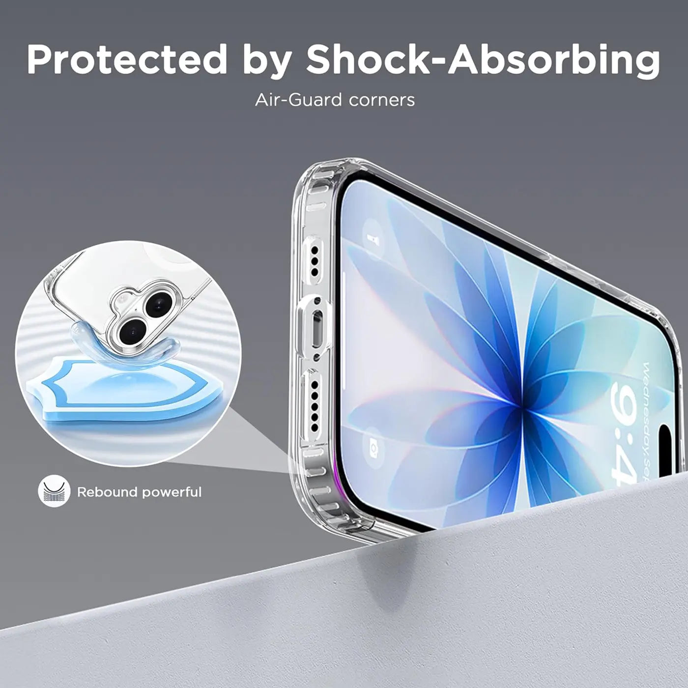 Transparente Silikonhülle mit MagSafe für iPhone 17, Seitenansicht, Nahaufnahme.